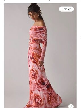 AFRM Rose-Print Off-Shoulder Maxi Dress in Pink and Coral